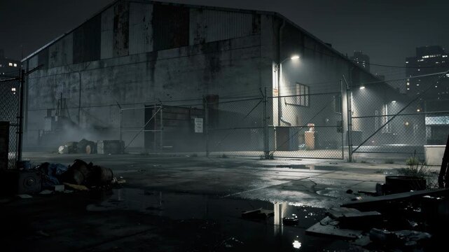 Dimly lit abandoned warehouse yard at night with puddles reflecting flickering lights urban decay scene