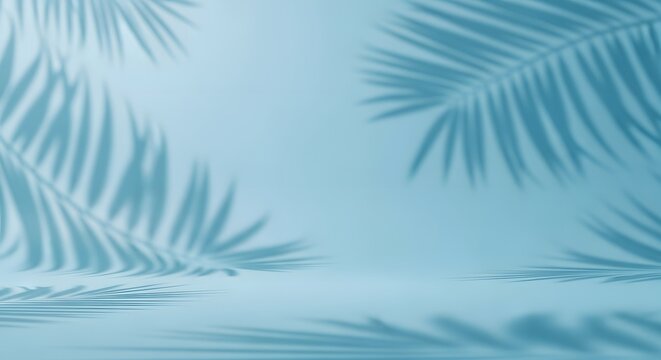 Calm tropical abstract background, smooth light blue gradient with subtle palm leaf shadows