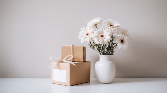 Stacked neutral toned gift boxes rest beside a white vase filled with pale blossoms
