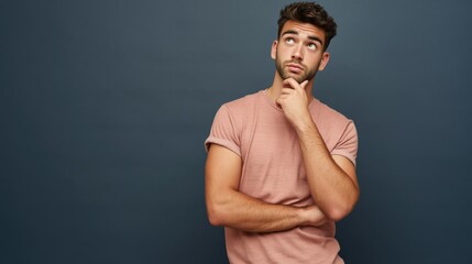 Obraz premium Young man pondering with hand on chin in dark studio
