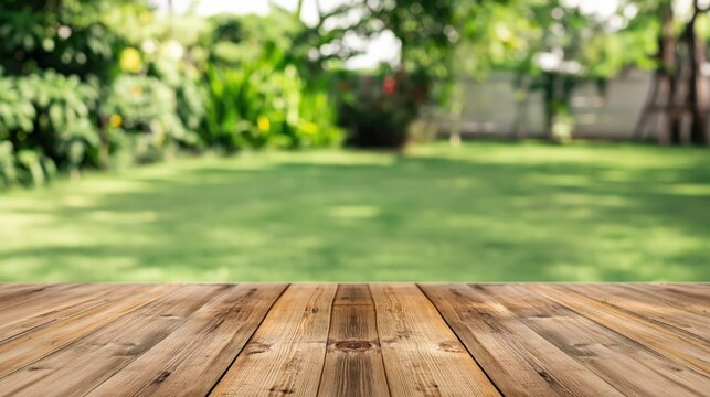 Wooden tabletop in foreground with blurred garden and lawn background