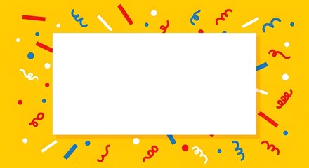Naklejka premium Playful celebration background, bright yellow canvas decorated with confetti elements like lines, dots and squiggles in red, blue and white