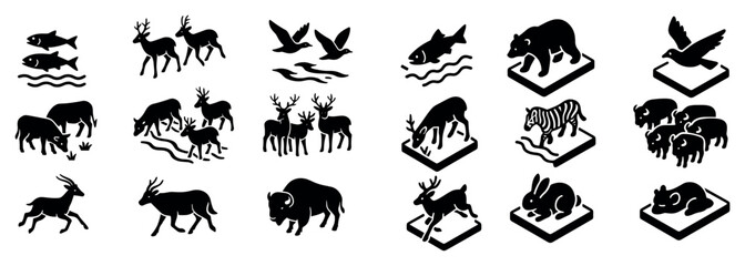 Obraz premium Wildlife icons with deer fish bear silhouette