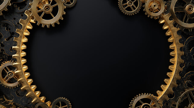 An intricate arrangement of vintage golden steampunk gears creating a circular frame around a sleek black background.