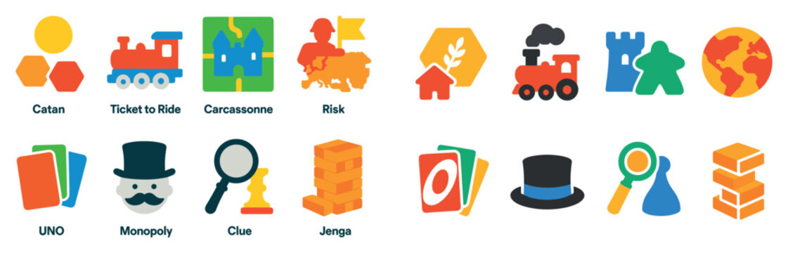 Board game icons with train meeple cards colorful flat