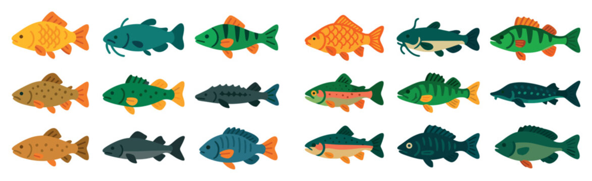 Fishing icons with varied fish fin colorful