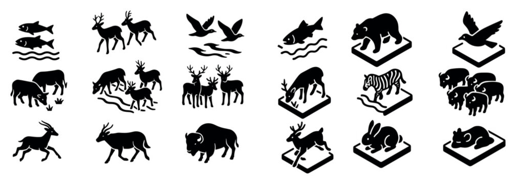 Wildlife icons with deer fish bear silhouette