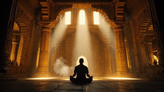 A lone meditator sits cross legged in an ancient temple with golden light beams shining through
