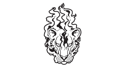 Lion head tattoo design with flowing mane flames and bold black outline for premium streetwear apparel and branding featuring flame lines, stencil © RASHIDAPARVIN