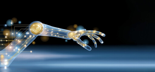 Fototapeta premium Futuristic robotic arm with glowing nodes and connections reaching forward in digital technology concept