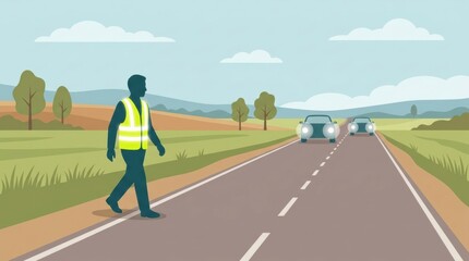 Pedestrian Interacts With Traffic on a Rural Road While Wearing a Safety Vest During the Day
