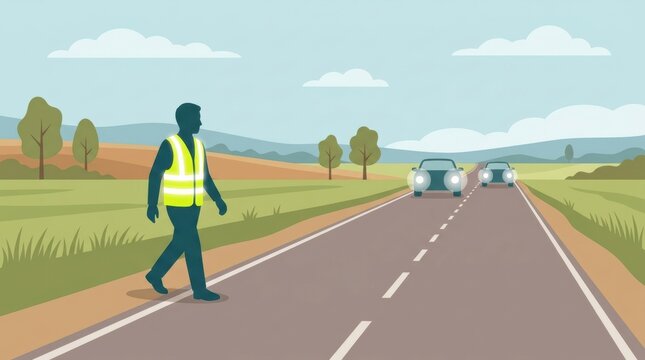 Pedestrian Interacts With Traffic on a Rural Road While Wearing a Safety Vest During the Day