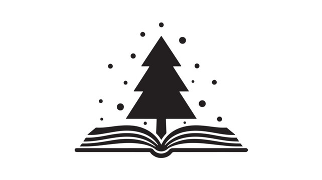 Book icon with pine tree silhouette, star dots, and glowing aura, creating a winter reading and premium education logo featuring forest, nature