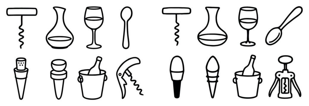 Beverage icons with corkscrew decanter glass outline