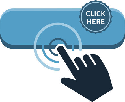 Hand cursor clicking on blue button with text click here and circular ripples signifying interaction.