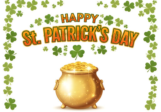 Celebratory st patrick's day scene featuring a pot of gold and shamrocks. isolated on white background