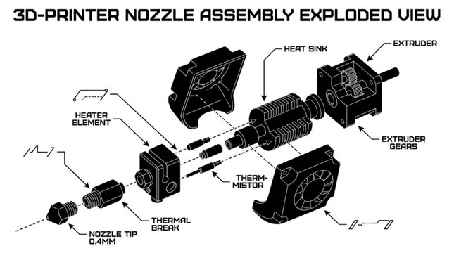 Detailed Exploded View of a 3D Printer Nozzle Assembly and its Components