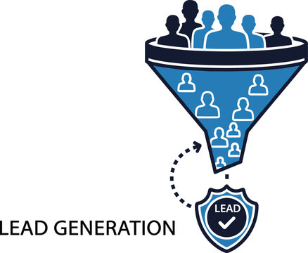 Lead generation marketing funnel illustration filtering people icons into quality prospects with shield security.