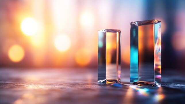 Two geometric glass objects with bokeh background