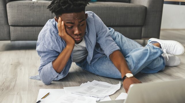 Young black student studying on floor at home, feeling stressed and tired while working on school assignments and tasks, experiencing burnout and heavy workload