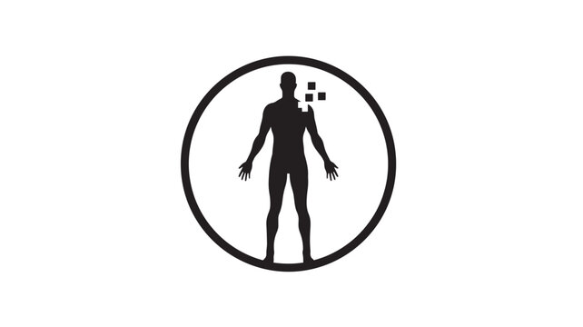 Human silhouette icon with square pixel pattern in head, fitness style emblem inside thick circular outline featuring pixelated, brain squares,