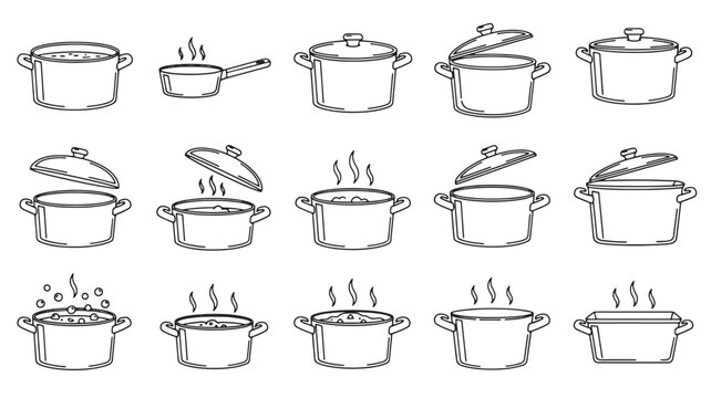 Cooking pot icon set with steam, boiling water, and lid variations for kitchen and recipe graphics featuring simmer, stove, kitchenware with cookware