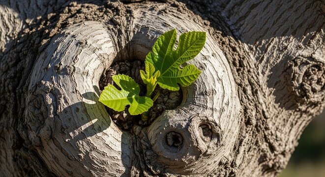 A small, bright green fig leaf sprout growing out of a knot in the thick, textured grey bark of an old tree