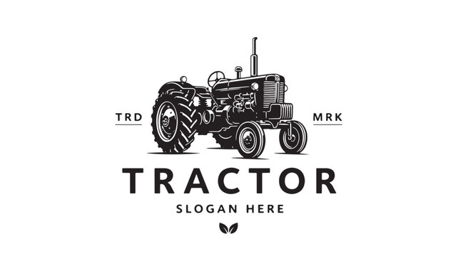 Tractor vintage line art logo with detailed engine wheels, TRD MRK text and slogan placeholder for brand identity featuring emblem, vehicle, farm