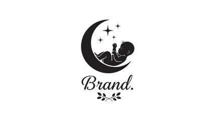 Naklejka premium Moon baby blessing logo with black curved crescent, smiling infant silhouette, sparkles, and premium brand script featuring night theme, nursery