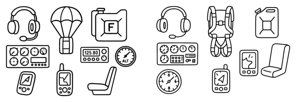 Aviation icons with headset parachute altimeter outline