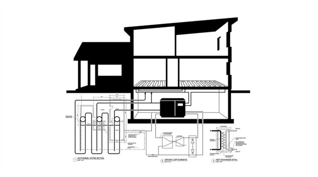 Diagram illustrating a geothermal heating and cooling system within a residential building