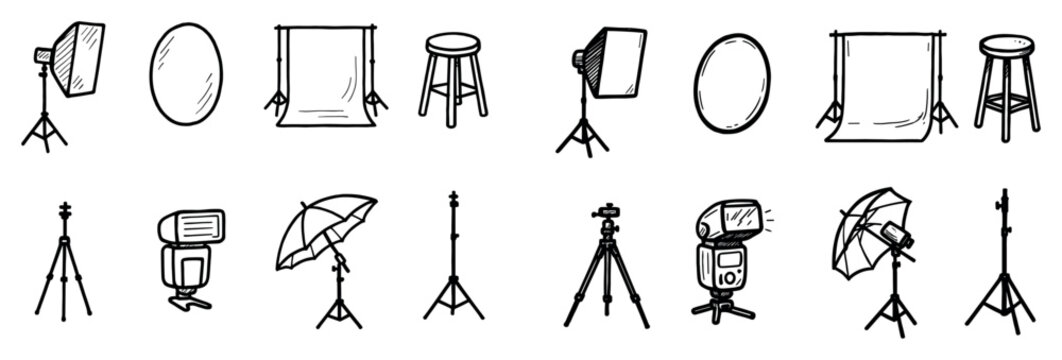 Photography icons with softbox backdrop stool outline