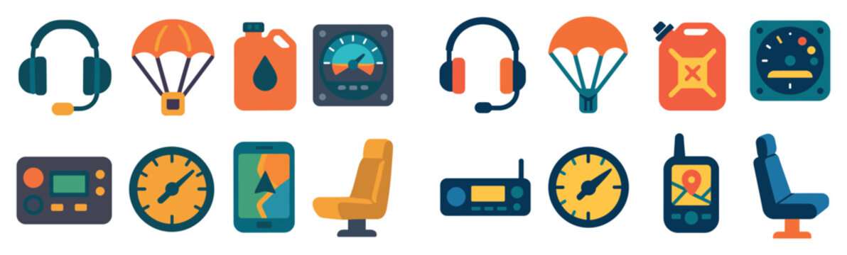 Aviation icons with headset parachute seat colorful