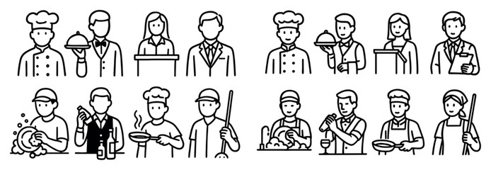 Fototapeta premium Hospitality icons with chef waiter tray outline