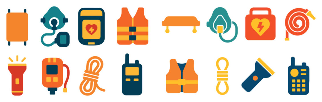 Safety icons with life vest defibrillator oxygen flat