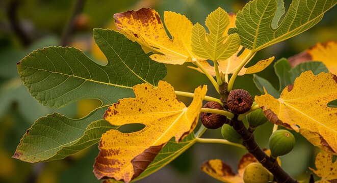 A detailed look at fig tree leaves transitioning from green to yellow and brown. Small green and purple fruits are visible on the thin branches in the background