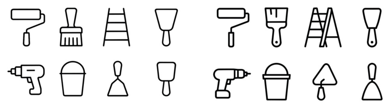 Paint icons with rollers brushes and ladders outline