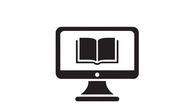 Monitor icon with open book symbol for education, reading, e-learning, and knowledge management concept featuring study, textbook, tutorial with