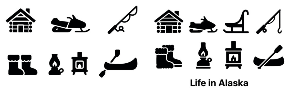 Alaskan life icons with cabin sled boot bold minimal