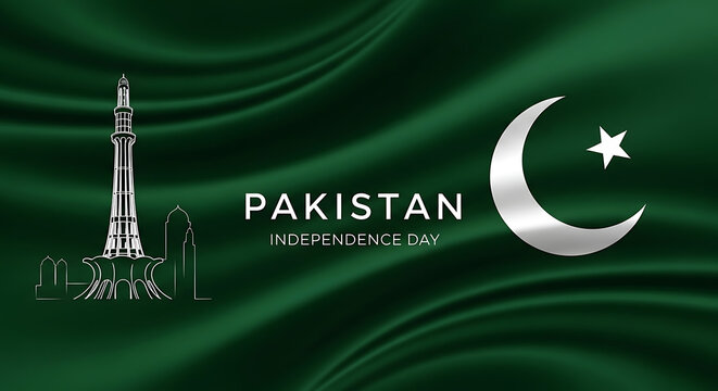 Pakistan independence day celebration banner featuring minar e pakistan landmark illustration and metallic crescent moon symbol over elegant wavy dark green fabric
