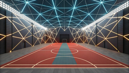 Modern futuristic indoor basketball court with geometric illuminated lighting design