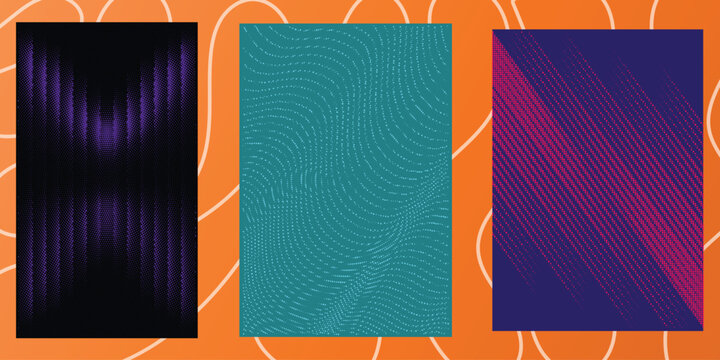 Abstract geometric background set, 3 modern vector posters with wavy lines and gradients, dark purple and teal textured pattern collection for covers