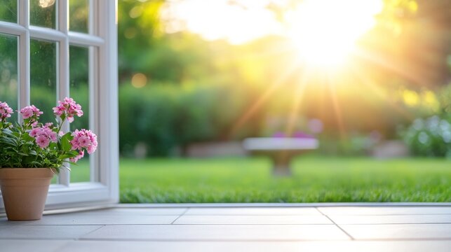 Sunny garden view through open window with potted flower