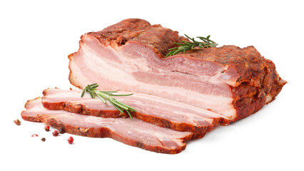 Obraz premium Pieces of smoked bacon with peppercorns and rosemary isolated on white
