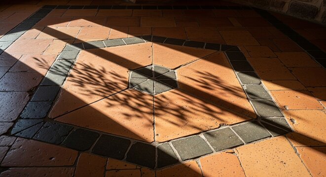 A warm, golden beam of sunlight hitting a terracotta tiled floor, casting a sharp shadow of a leafy branch onto a decorative hexagonal tile pattern