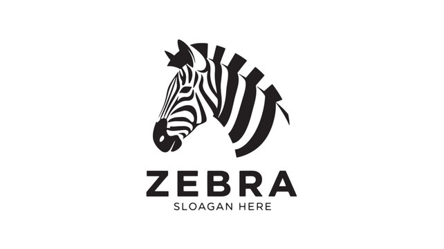 Zebra head logo design with premium abstract stripes and bold ZEBRA lettering for branding and slogan identity featuring black and white, mascot,