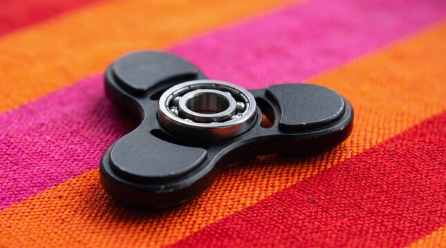 Matte black fidget spinner toy placed on vibrant multicolored striped textile background
