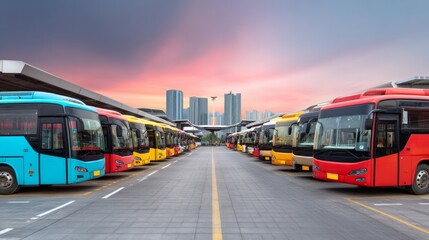 Fototapeta premium Organized Terminal Depot with Multiple Buses Parked in Clear Rows