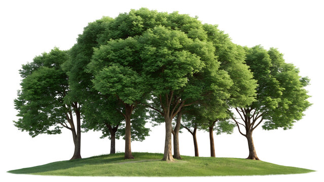 Large green tree with thick branches and round leaves on grassy hill