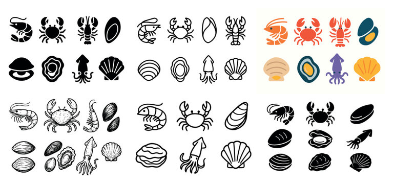 Sea creatures and shells icon set